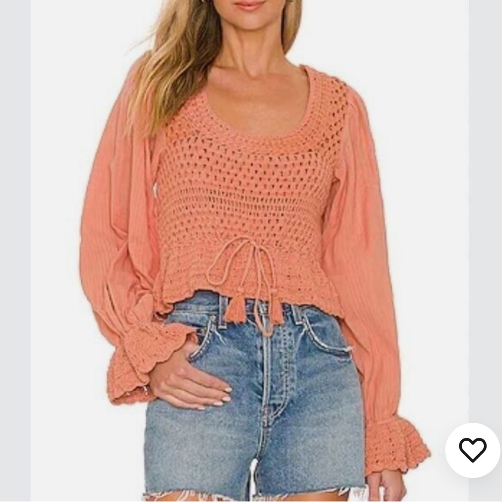 Free People “Coral Sand” Crochet Peplum Blouse – Size S (NWT)